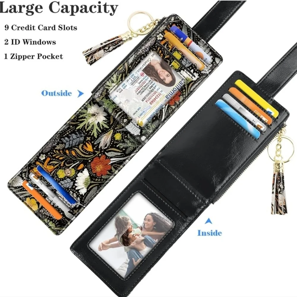 Floral Black Wallet with Tassel Keychain